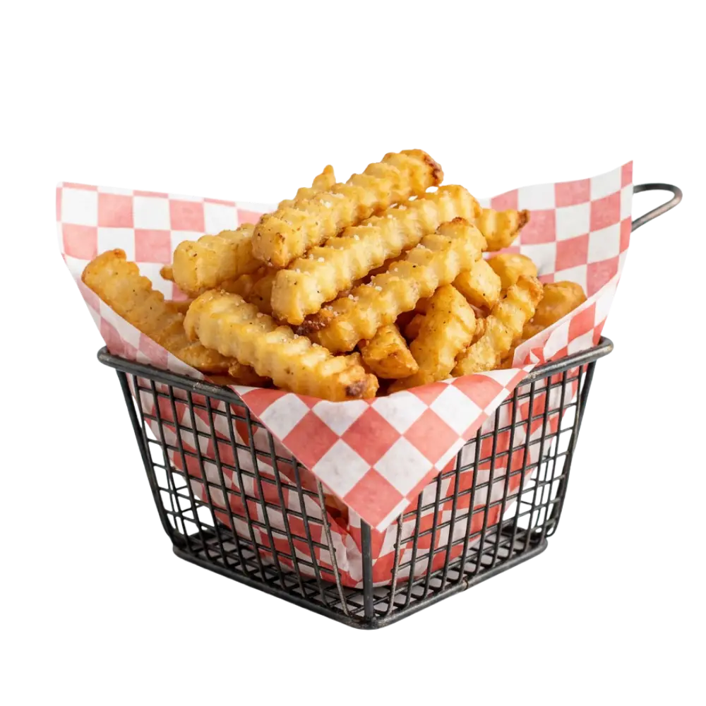 Crinkle cut fries in a checkered basket from Little Andy's in Asbury Park